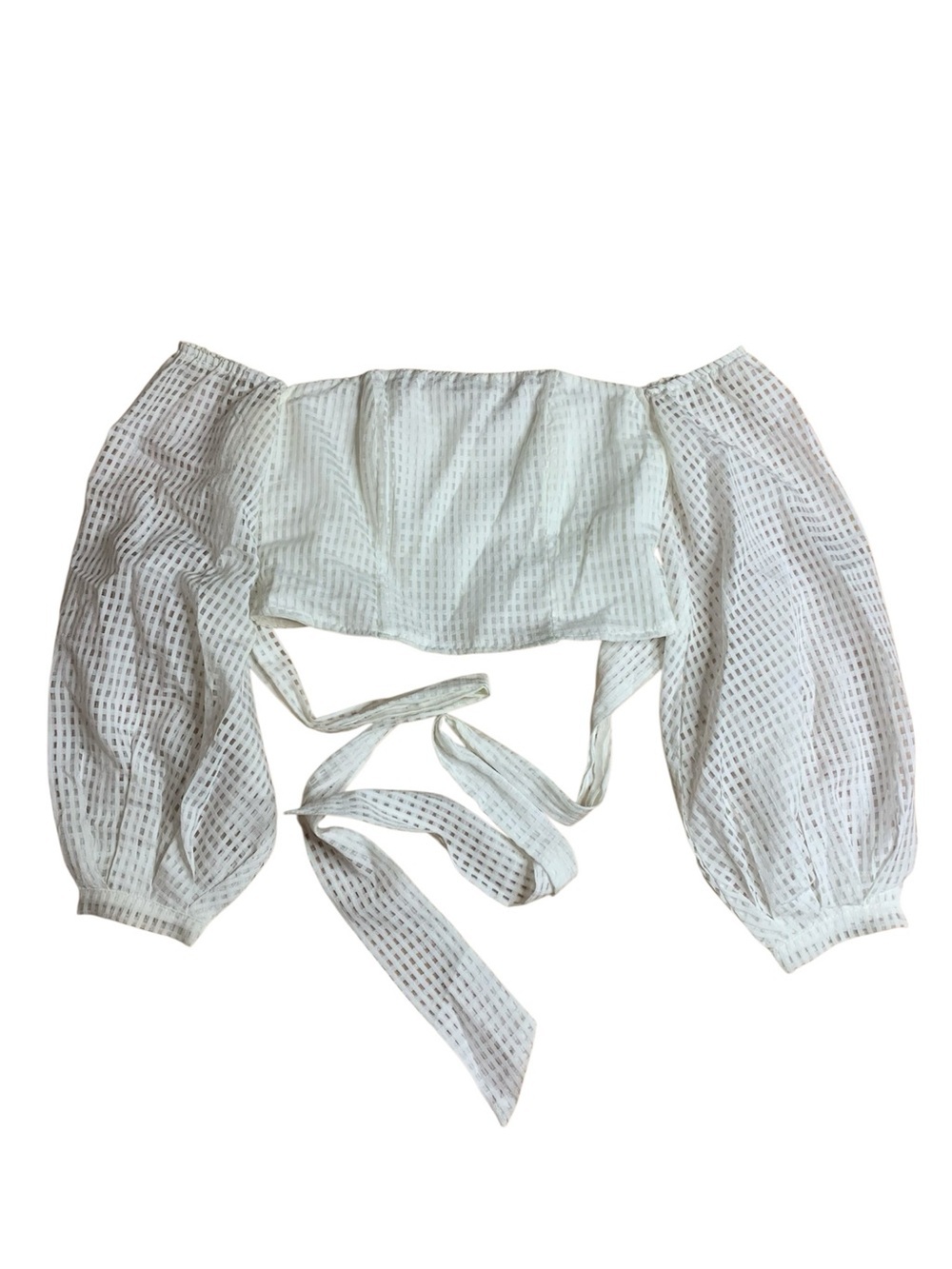 Selfie Leslie White Sheer Checkered Off-The-Shoulder Tie Front Crop Top Size S